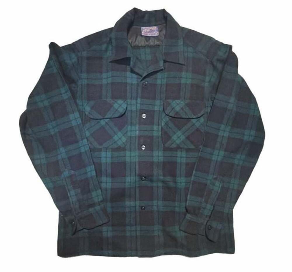 Vintage Pendleton Board Shirt Medium Black Watch Plaid Wool Loop Collar